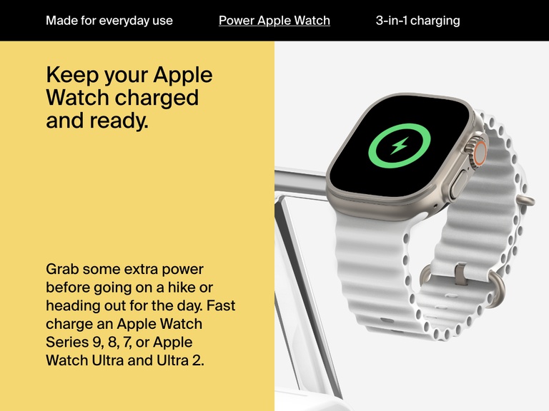 Image of an Apple Watch charging on a white Belkin BoostCharge Pro 3-in-1 Magnetic Wireless Charging Stand with Qi2 15W, highlighting support for fast charging Apple Watch Series 9, 8, 7, and Apple Watch Ultra and Ultra 2.